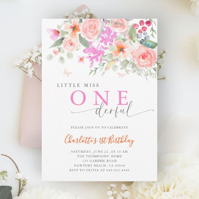 Convites Primeiro aniversario da Menina Maravilha Brilhante (little miss onederful girls 1st birthday invite colorful garden wildflowers watercolor calligraphy)