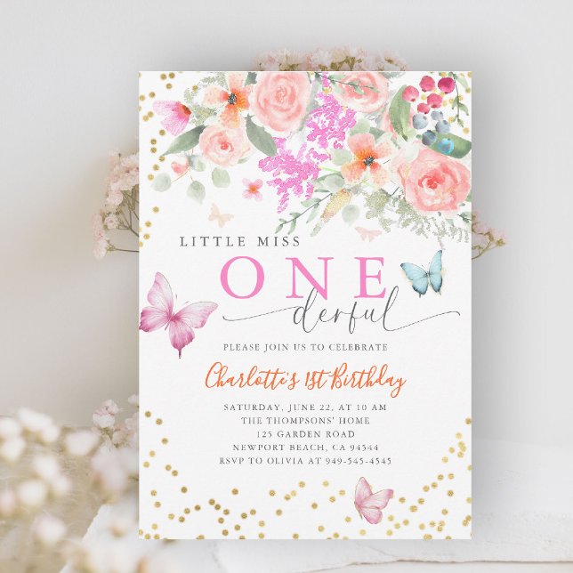 Convites Primeiro aniversario da Menina Maravilha da Borbol (little miss onederful girls 1st birthday invite happy garden wildflowers butterflies watercolor chic)