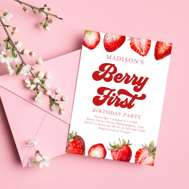 Convites Primeiro Aniversário da Modern Strawberry Berry (Criador carregado)