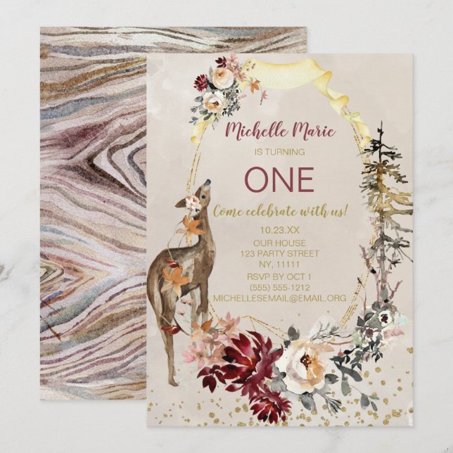 Convites Primeiro Aniversário da Rústica Woodland Deer Flor (Frente/Verso)