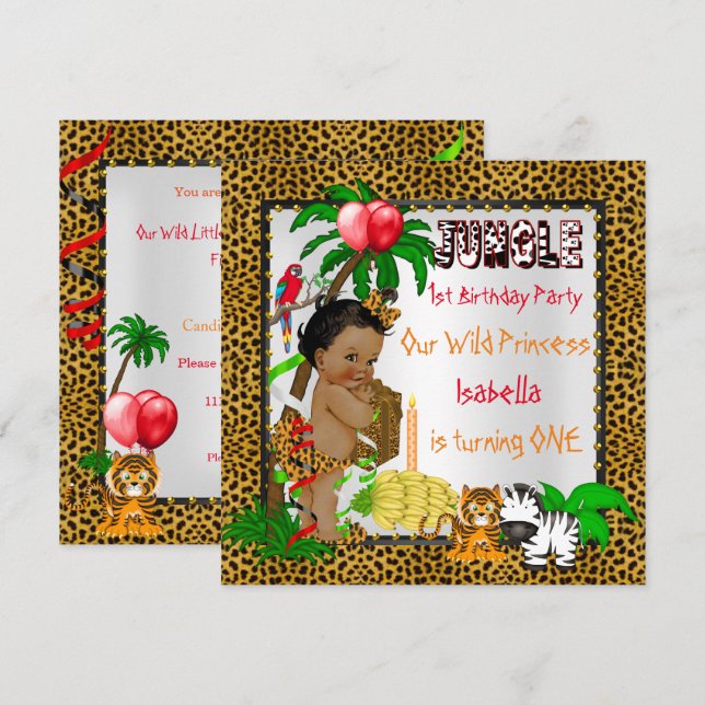 Convites Primeiro aniversário da selva-do-leopardo Safari,  (Frente/Verso)