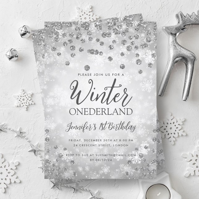 Convites Primeiro aniversario da Silver Winter ONEDERLAND G (Silver Winter ONEDERLAND Glitter 1st Birthday Invitation)