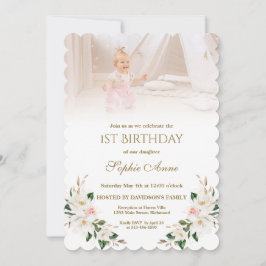 Convites Primeiro aniversario da Watercolor White Magnolia 