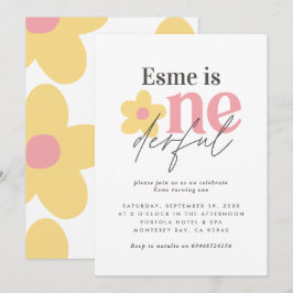 Convites Primeiro aniversário daisy boho retro cor-de-rosa-