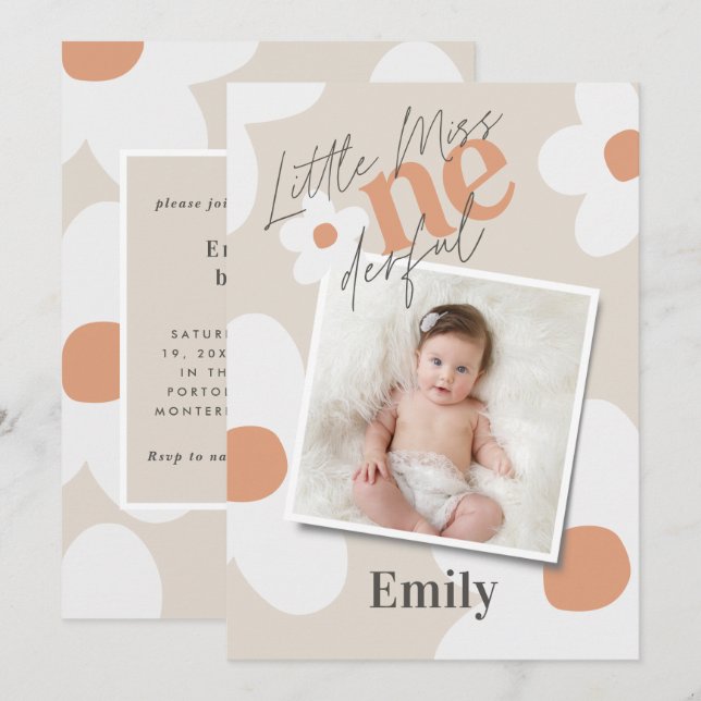 Convites Primeiro aniversário daisy boho retro terracotta f (Frente/Verso)