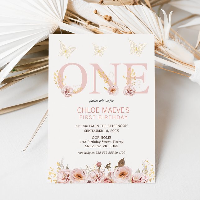 Convites Primeiro aniversario das Borboletas Florais do Boh (Girl's pink floral and butterflies 1st birthday invitation.  Boho floral 1st birthday invitation.)