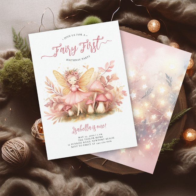 Convites Primeiro aniversario das garotas mágicas Douradas, (fairy first girl birthday party invitation magical forest enchanted garden mushrooms pink gold)