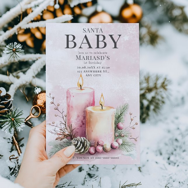 Convites primeiro aniversario das velas de Natal rosa com a (Criador carregado)