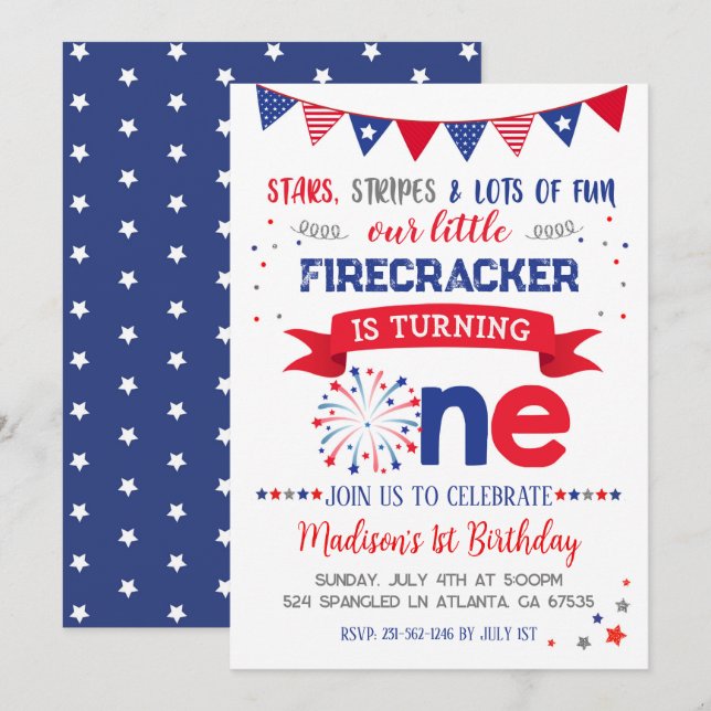 Convites primeiro aniversario de 4 de julho (Frente/Verso)