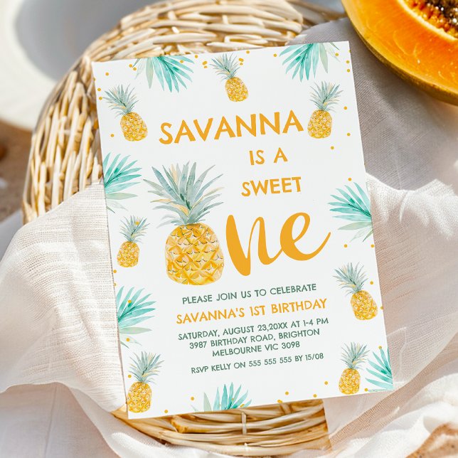 Convites Primeiro aniversario de abacaxi amarelo moderno (Pineapple Sweet One 1st Birthday Invitation Template For Girls, Summer Pineapple Themed 1st Birthday)