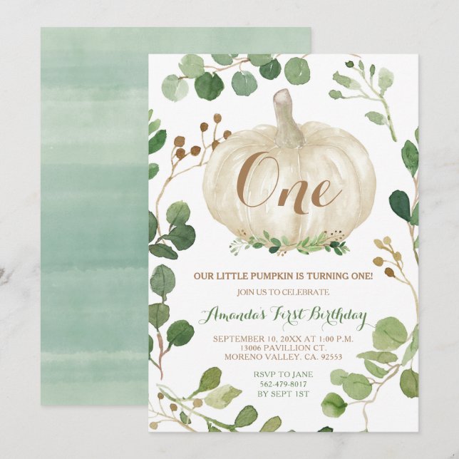 Convites Primeiro aniversario de Abóbora Branco Verde Queda (Frente/Verso)