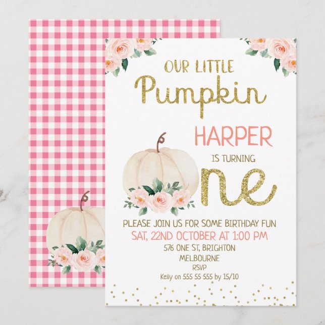 Convites Primeiro aniversario de Abóbora da Caligrafia (Frente/Verso)