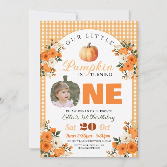 Convites Primeiro aniversario de Abóbora Pequena Abóbora ou (Frente)
