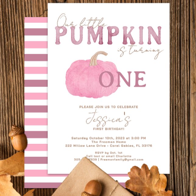 Convites Primeiro aniversario de Abóbora Rosa (pink pumpkin modern watercolor birthday party invitation)