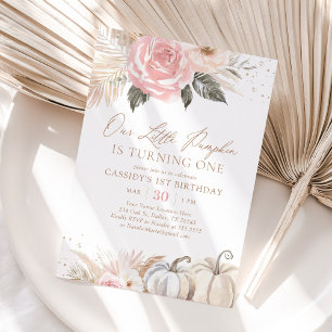 Convites Primeiro aniversario de Abóbora Rosa Boho Pampas