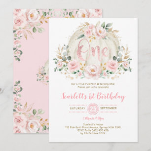 Convites primeiro aniversario de abóbora Rosa floral rosa 