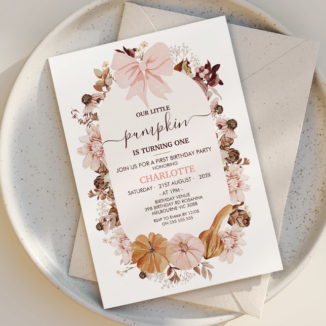 Convites Primeiro aniversario de Abóbora Rosa Russo (Pink Bow Pumpkin 1st Birthday Invitation Template, Fall First Birthday Invitation Girl, Autumn )