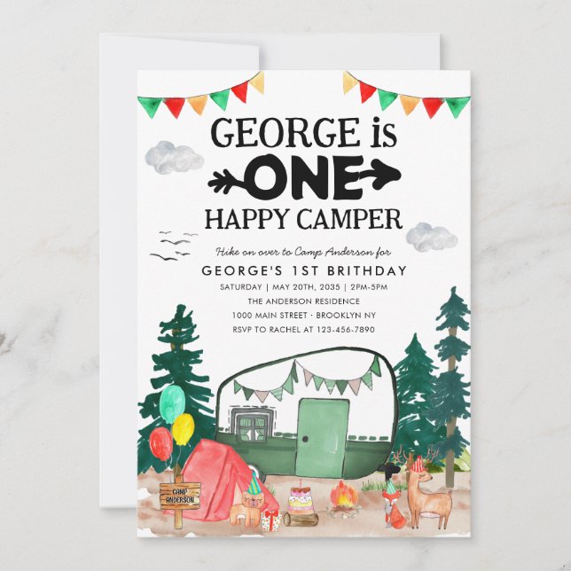 Convites Primeiro aniversario de acampamento de floresta fe (Frente)