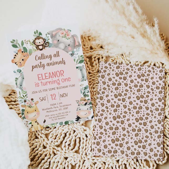 Convites Primeiro aniversario de Animais da Festa Safari de (Modern pink arch safari themed, calling all party animals, girl's first birthday invitation.)