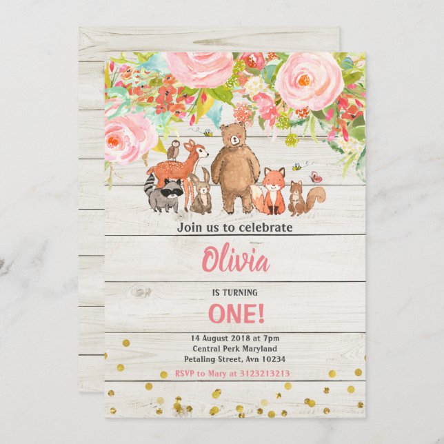 Convites Primeiro aniversario de animais da floresta russa  (Frente/Verso)