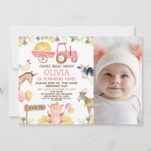 Convites Primeiro aniversario de Animais de Criação de Foto (Frente)