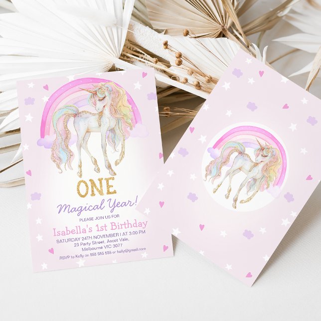 Convites Primeiro aniversario de Ano Mágico Branca de Unicó (Girls One Magical Year Unicorn 1st Birthday Invitation Template, Unicorn 1st Birthday Invitation )