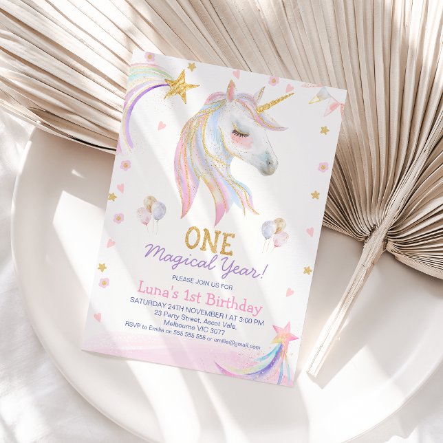 Convites primeiro aniversario de Ano Mágico Rosa Dourado do (Pastel One Magical Year Unicorn 1st Birthday Invitation Template For baby Girl, Faux Gold Glitter)