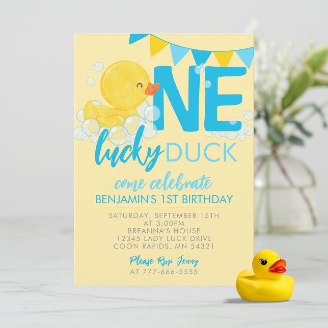 Convites Primeiro aniversario de Aquarela Amarelo com Sorte (Yellow One Lucky Ducky Watercolor 1st Birthday Invitations. Available printed or digital download)