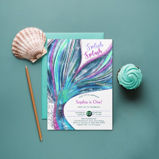 Convites Primeiro aniversario de Aquarela Holográfica Serei (mermaid birthday invitation 1st under the sea onederful girl party holographic glitter cute)