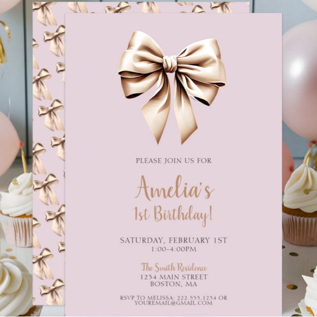 Convites Primeiro aniversario de Arco de Coquetes Roxo Mode (Modern Chic Lavender Beige Coquette Bow 1st Birthday Invitation, bows invite, onederful, girly)