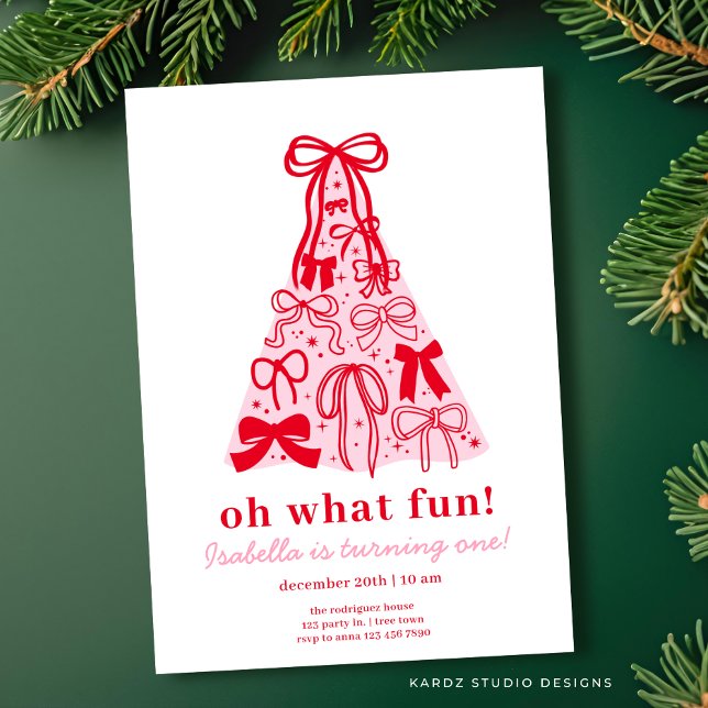 Convites Primeiro aniversario de Arco rosa e vermelho moder (Invite shown in 5 x 7 inches, choose size, paper and corner style.)