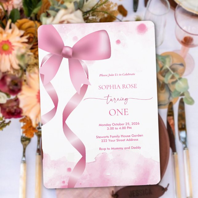 Convites Primeiro aniversario de Arco Rosa Pastel (Pastel Pink Bow Baby Girl 1st Birthday Aesthetic Invitation)