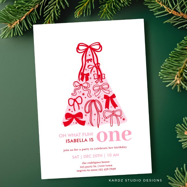 Convites Primeiro aniversario de Árvore Arco Vermelho Rosa  (Invite shown in 5 x 7 inches, choose size, paper and corner style.)