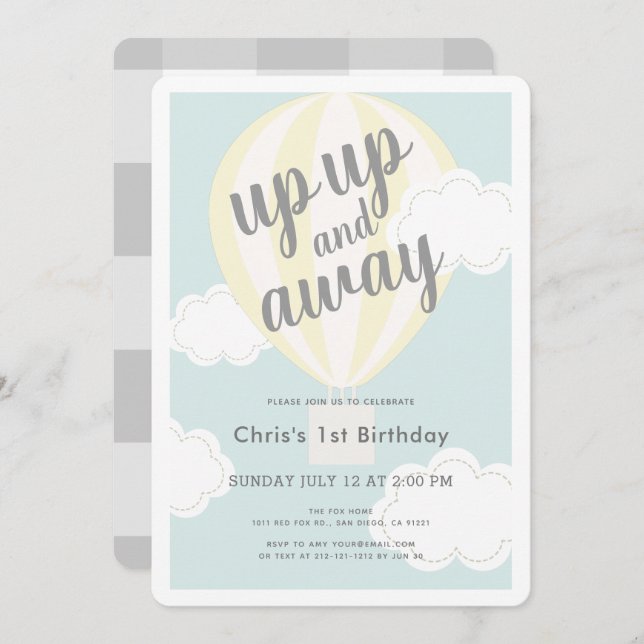 Convites Primeiro aniversario de balão de ar quente amarelo (Frente/Verso)