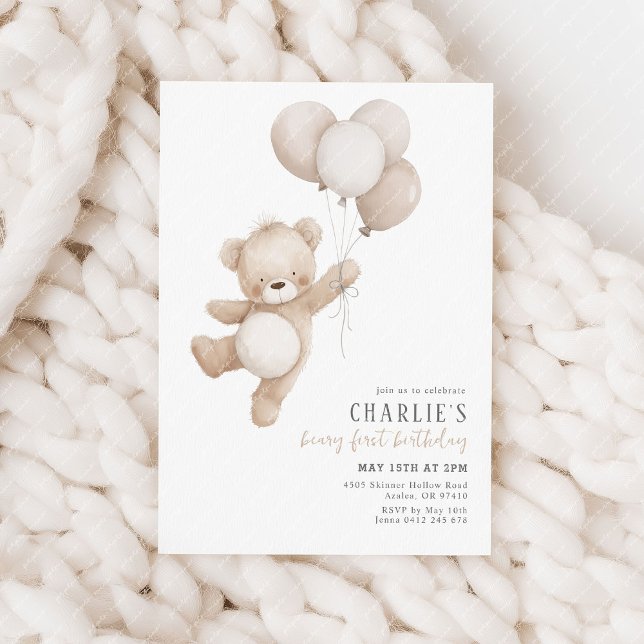 Convites Primeiro aniversario de balão neutro Beary First B (Beary First Birthday! Gender Neutral 1st birthday invitation with beige balloons & cute teddy bear)