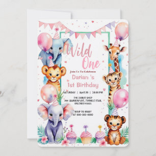 Convites Primeiro aniversario de Balões de Animais Selvagen