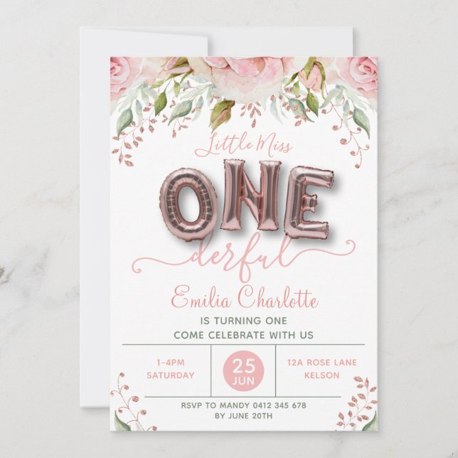 Convites Primeiro aniversario de Balões Rosa das Meninas Ma (Frente)