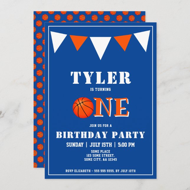 Convites Primeiro aniversario de basquete azul-cômodo (Frente/Verso)