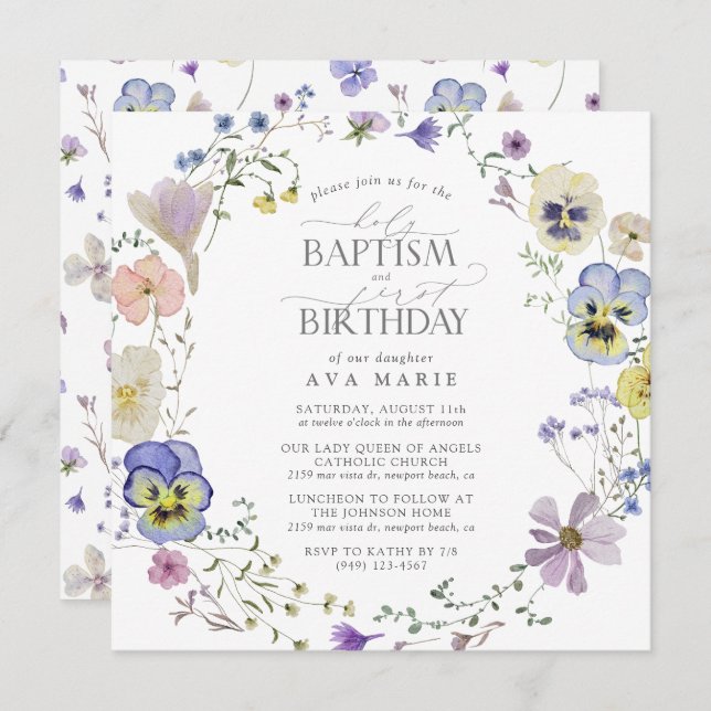 Convites Primeiro aniversario de batismo de Aquarela Floral (Frente/Verso)