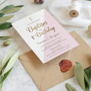 Convites Primeiro aniversario de batismo Dourado rosa