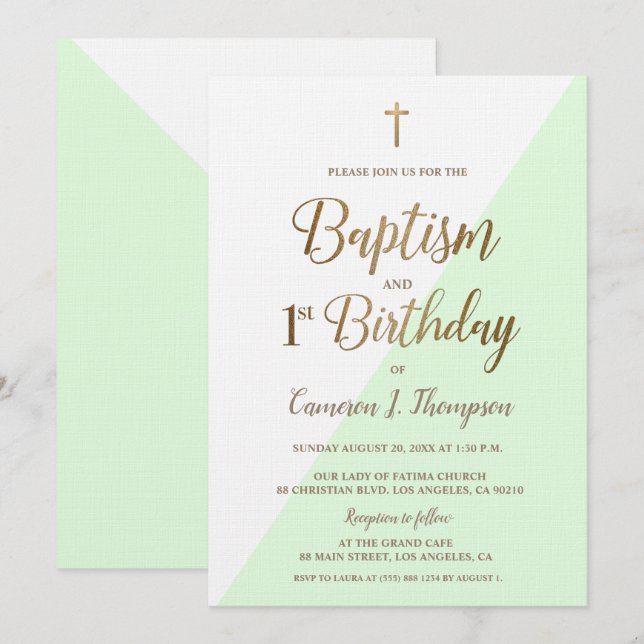 Convites Primeiro aniversario de batismo Dourado Verde (Frente/Verso)