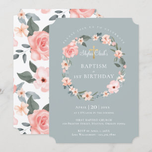Convites primeiro aniversario de Batismo Floral Rosa de de