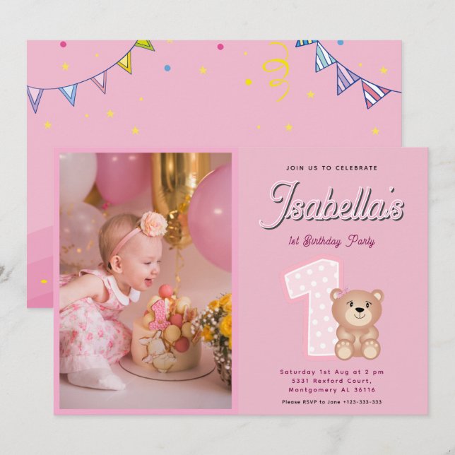 Convites Primeiro aniversario de Bear Bear Bear Rosa (Frente/Verso)