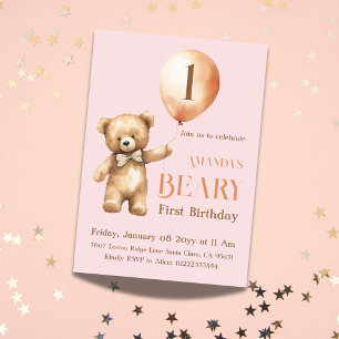 Convites Primeiro aniversario de Beary Bear Rosa Minimalist