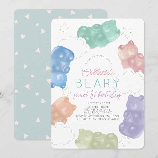 Convites Primeiro aniversario de Beary Pastel Gummy Bear Gi (Frente/Verso)