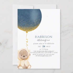 Convites Primeiro aniversario de Bebê do Urso Dourado Azul