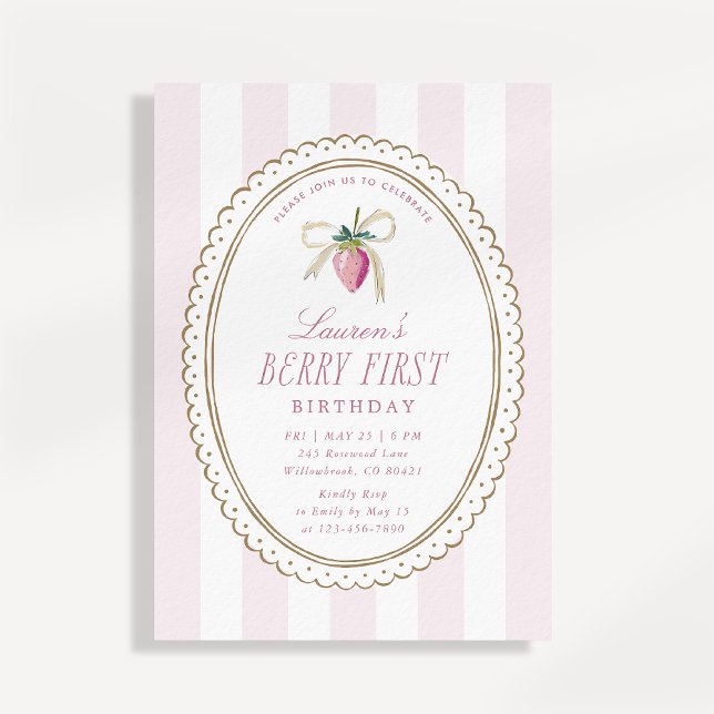 Convites Primeiro Aniversário de Berry Morango Arco Listra  (Criador carregado)