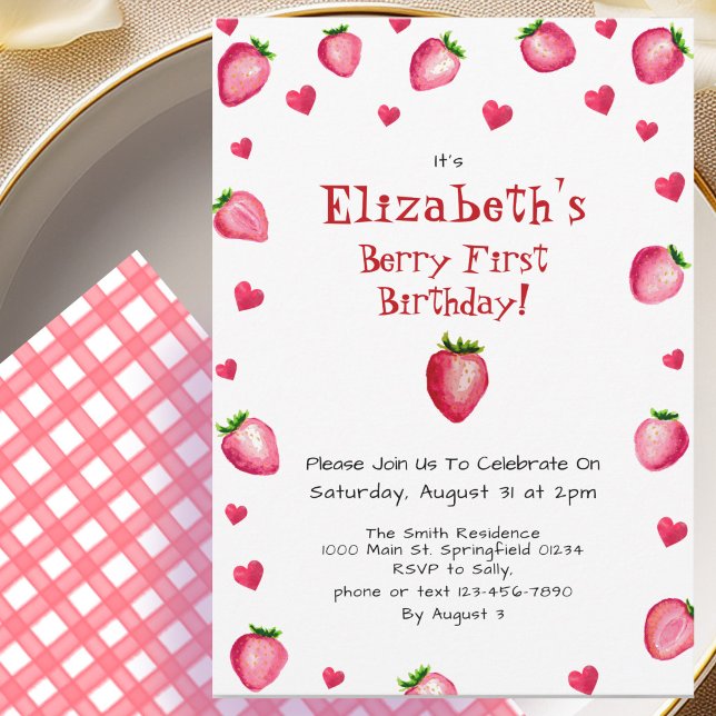 Convites Primeiro Aniversário de Berry Morango Verão Xadrez (Criador carregado)