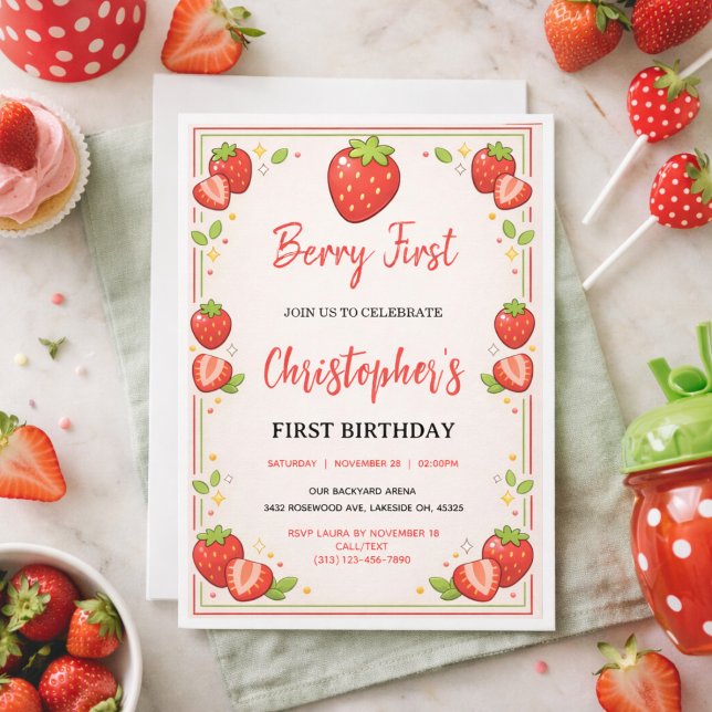 Convites Primeiro Aniversário de Berry | Primeiro Aniversár (Berry First Birthday | Strawberry 1st Birthday Invitation)