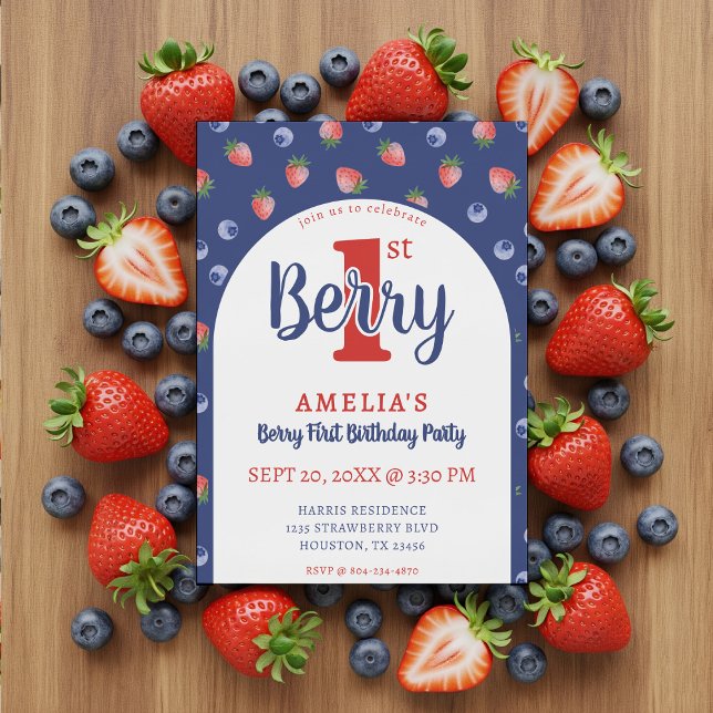 Convites Primeiro aniversario de Berry Strawberry Blueberry (Berry 1st Birthday Party Strawberry Blueberry Blue Invitation
)